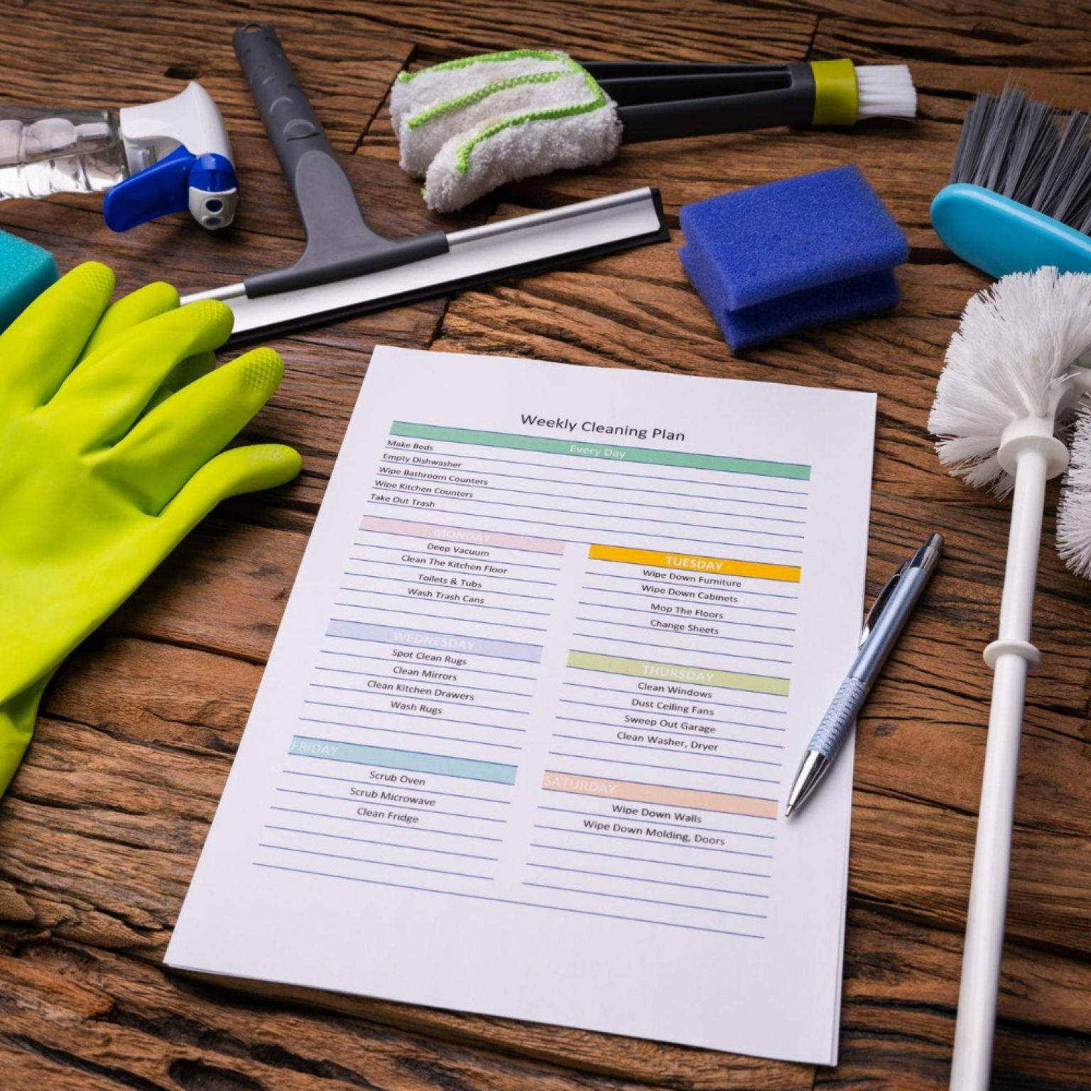 cleaning-products-around-weekly-cleaning-plan-form-with-pen