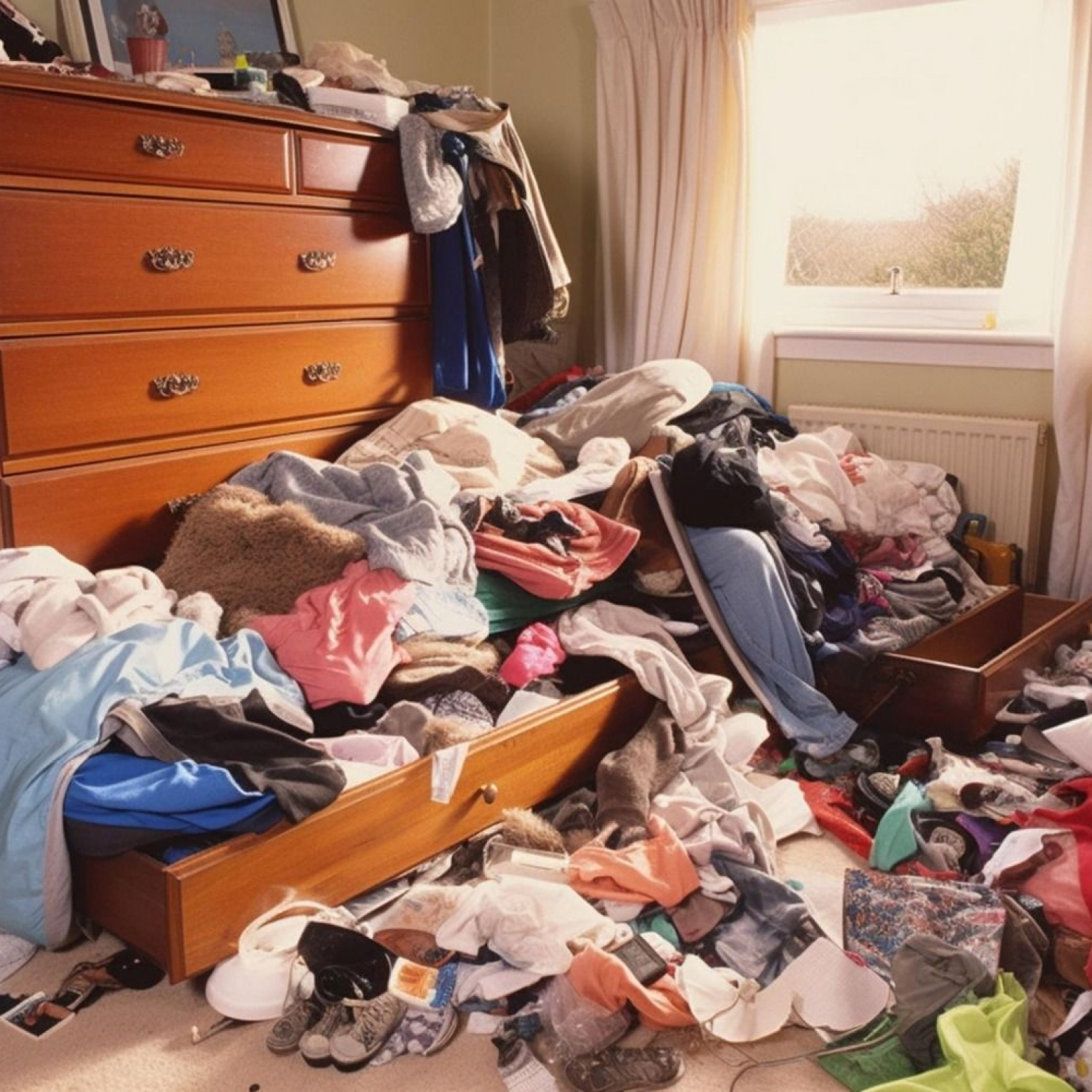 messy teenager's room with a cluttered off season clothes all over the drawer and floor needing to be stored properly
