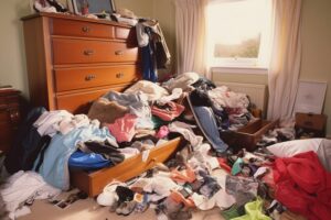 messy teenager's room with a cluttered off season clothes all over the drawer and floor needing to be stored properly