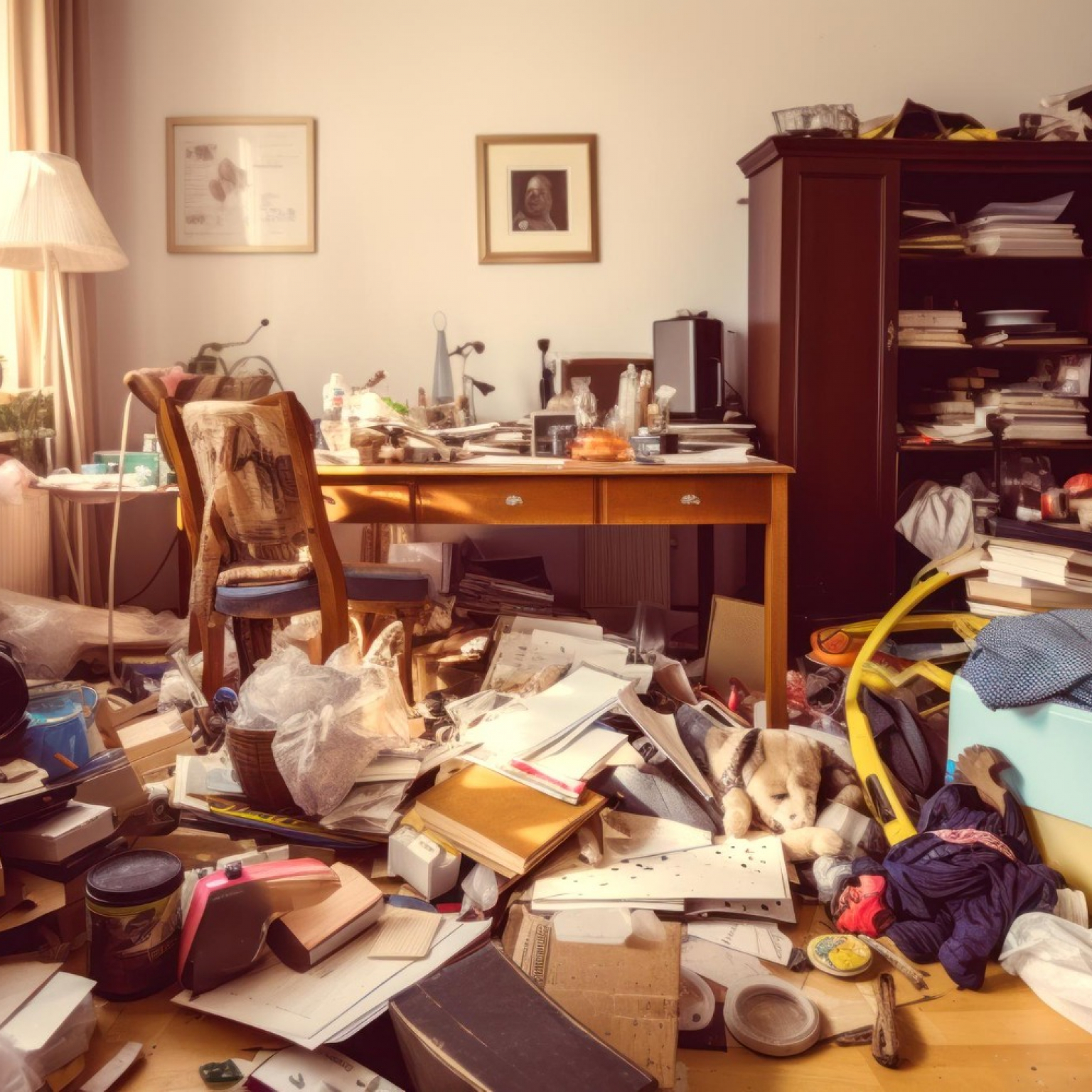 messy living room with messy desk with cluttered papers and toys and clothes as a result on uncontrolled habit of a hoarder