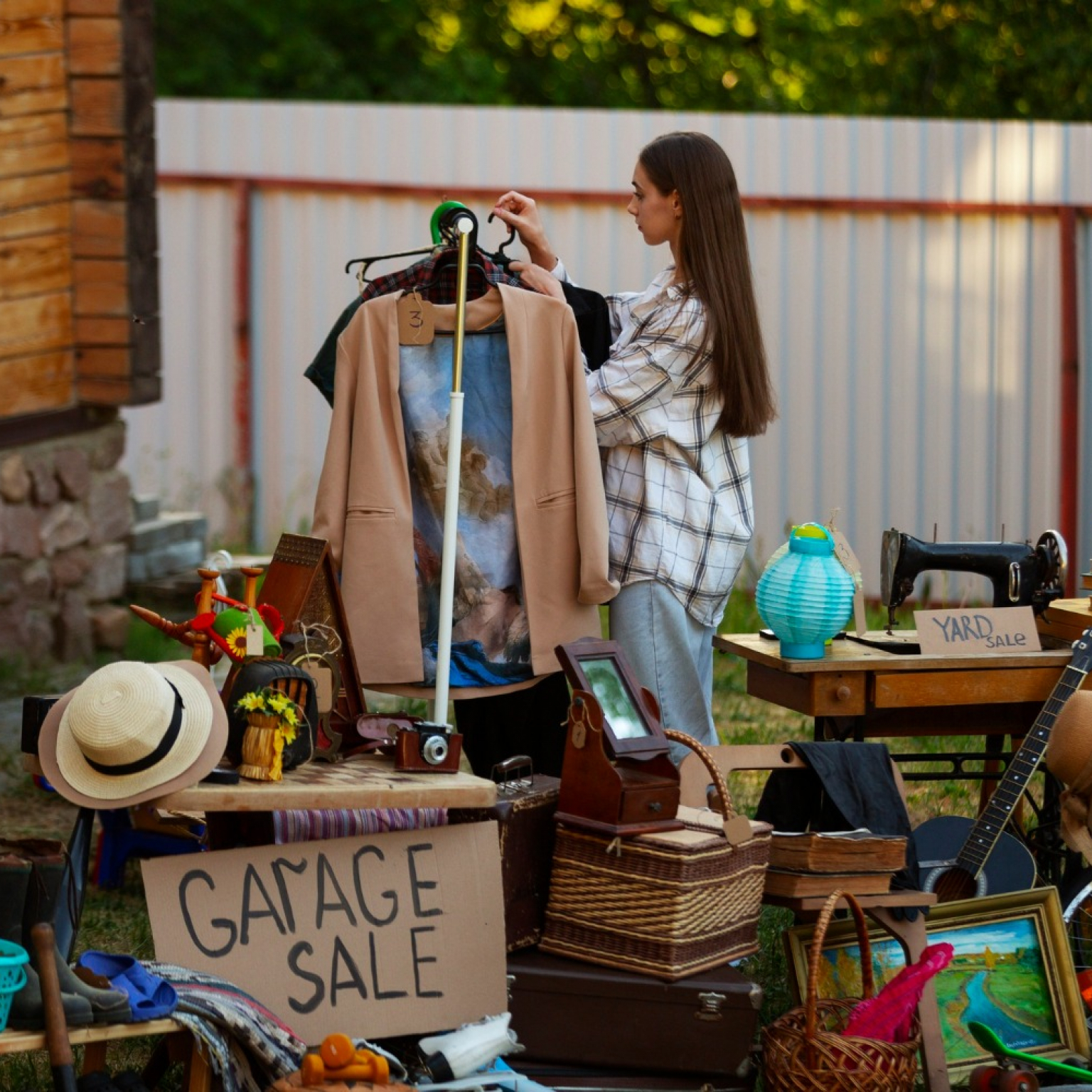 a lady with her old and junk household items doing a garage sale near at her house for running a successful online store