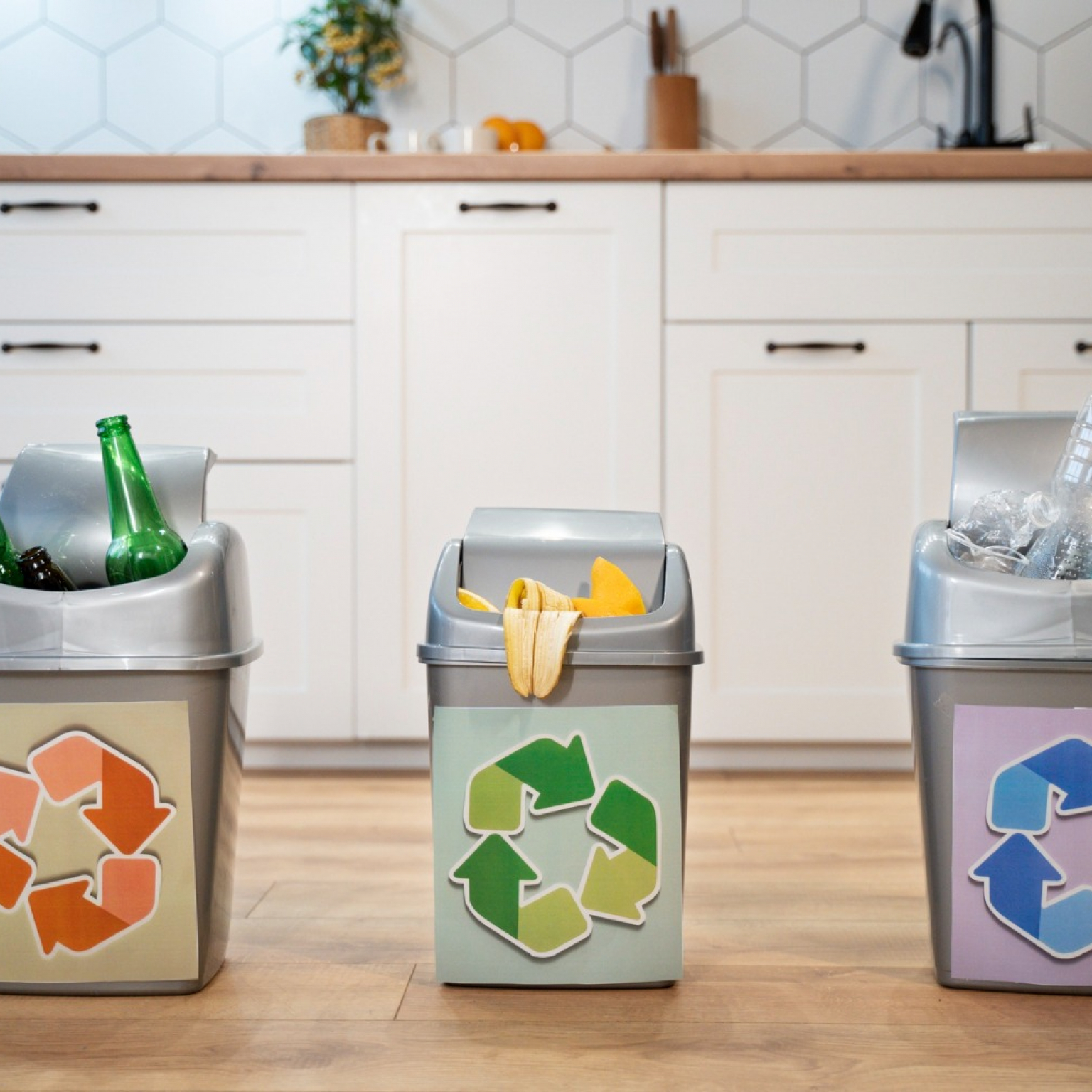 3 gray trash bins loaded with a properly segregated junks which a result of a necessary recycling for a green living