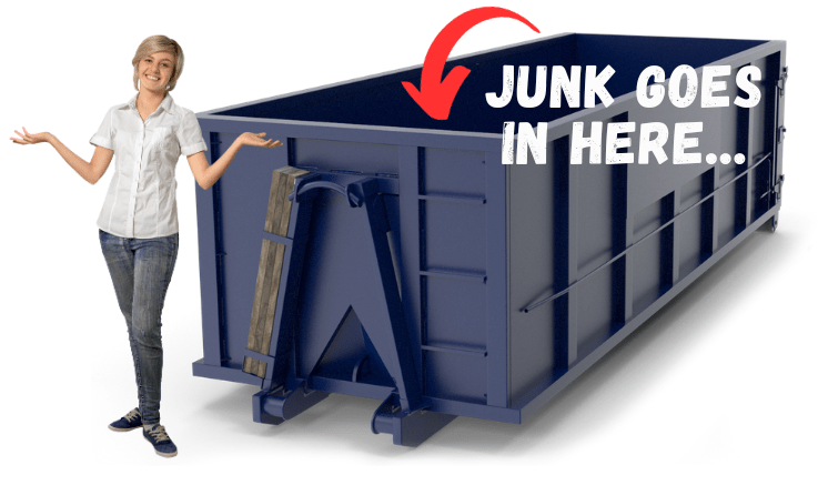 a woman standing next to a blue JUNK iT rental dumpster - garbage bin rental - your junk goes to junk it bins - affordable and reliable garbage bin rental services