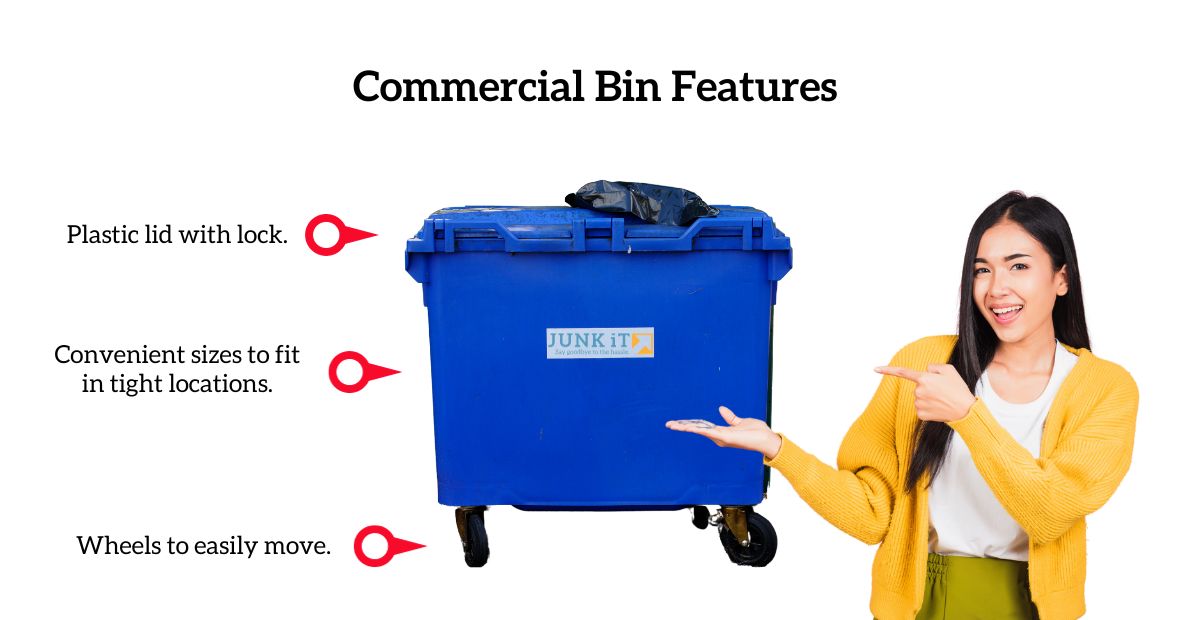 a woman showcasing the features of Junk It's rental garbage bin for commercial businesses