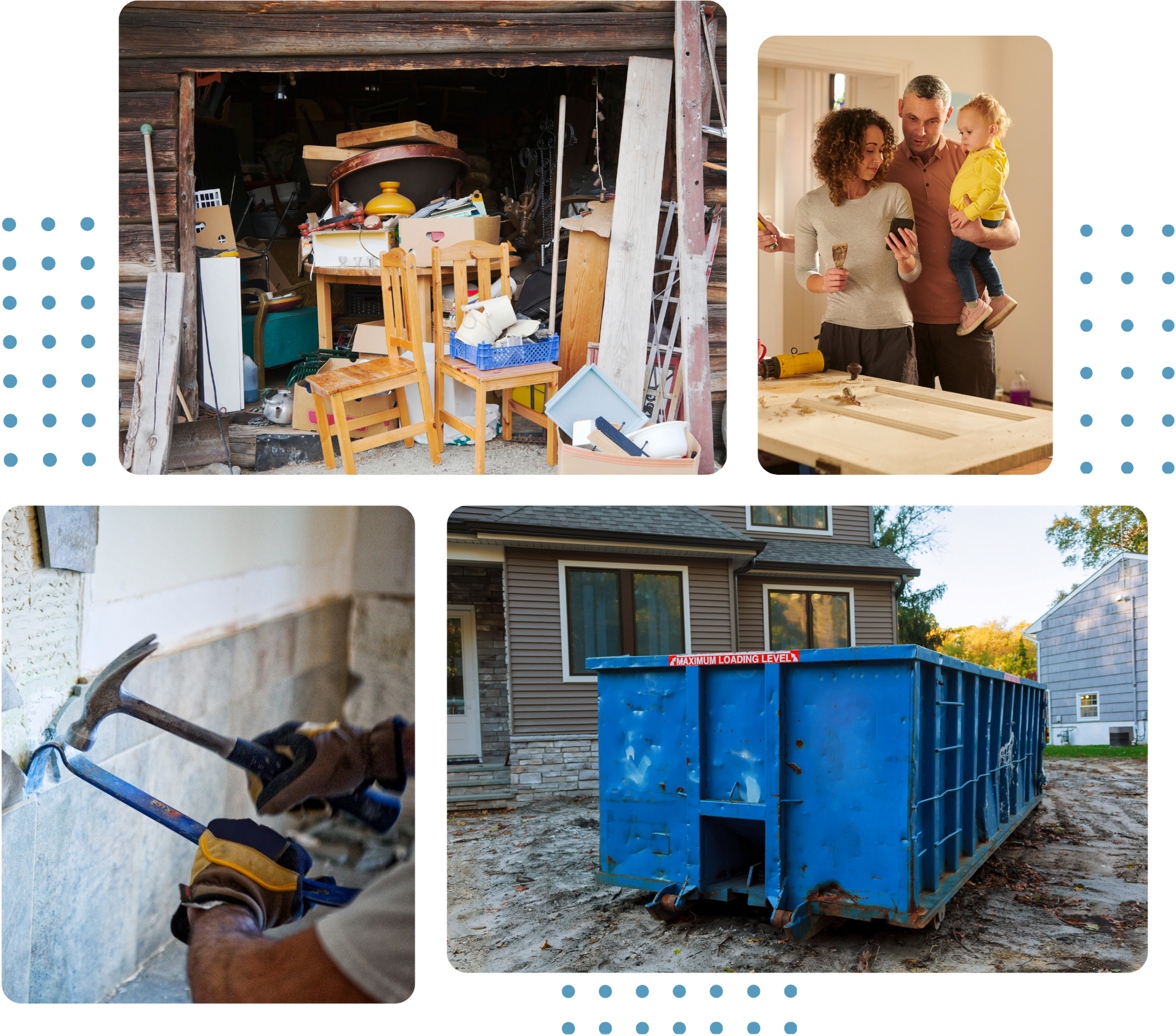 a collage of a man and a woman and a child, household junks, a man renovating bathroom/house and junk it's blue garbage bin that is for rent for people to use - residential disposal bin rental