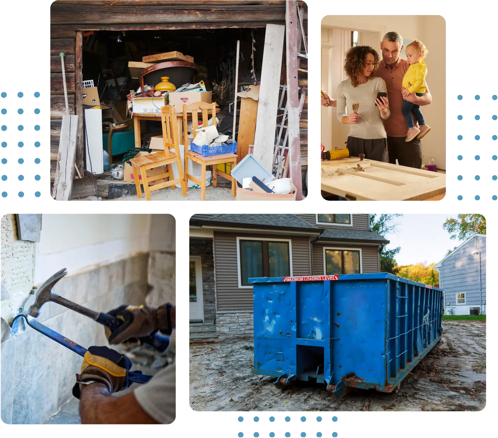 a collage of a man and a woman and a child, household junks, a man renovating bathroom/house and junk it's blue garbage bin that is for rent for people to use - residential disposal bin rental