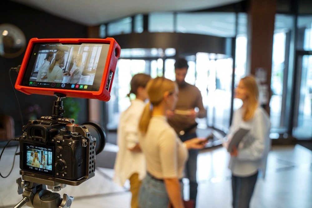 A camera films four people on set - discussing how Media Film & TV Dumpster Rental Services efficiently handle waste and debris from production shoots