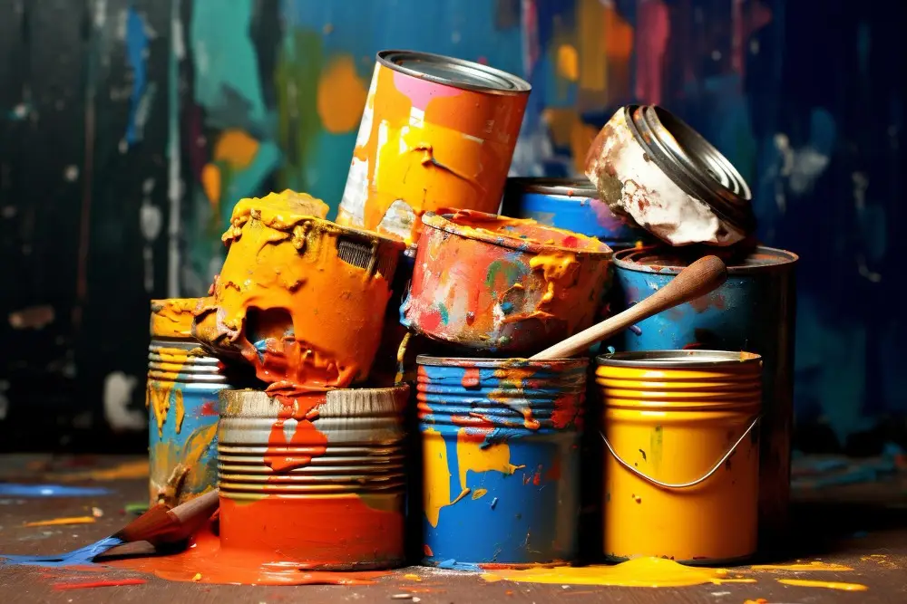 A huge pile of used paint buckets and paint cans, ready for efficient disposal with bin rental in Edmonton