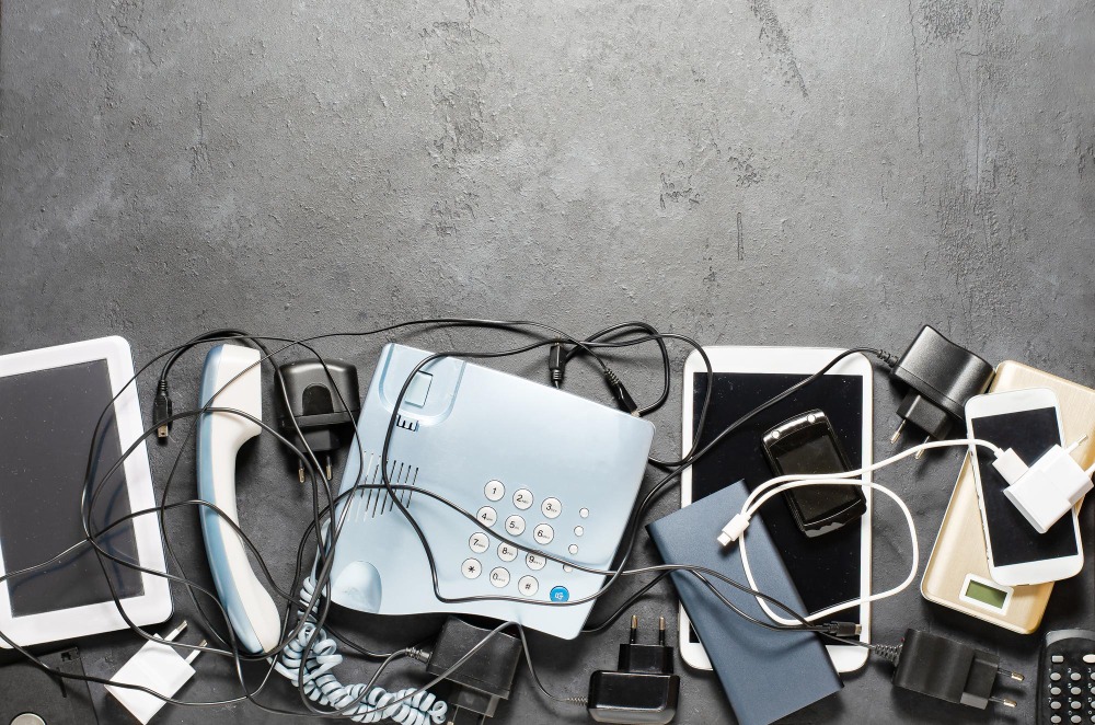 A pile of electronic waste laid in a neat row on a cement floor, ready for disposal with efficient bin rental in Kitchener