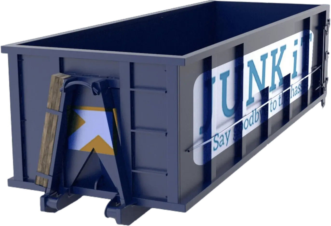 up close of an available junk it garbage bin for rent in Cambridge