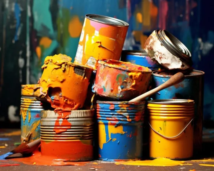 a huge pile of used paint buckets and paint cans - ready for proper disposal with efficient garbage bin rental in North York to clear the clutter