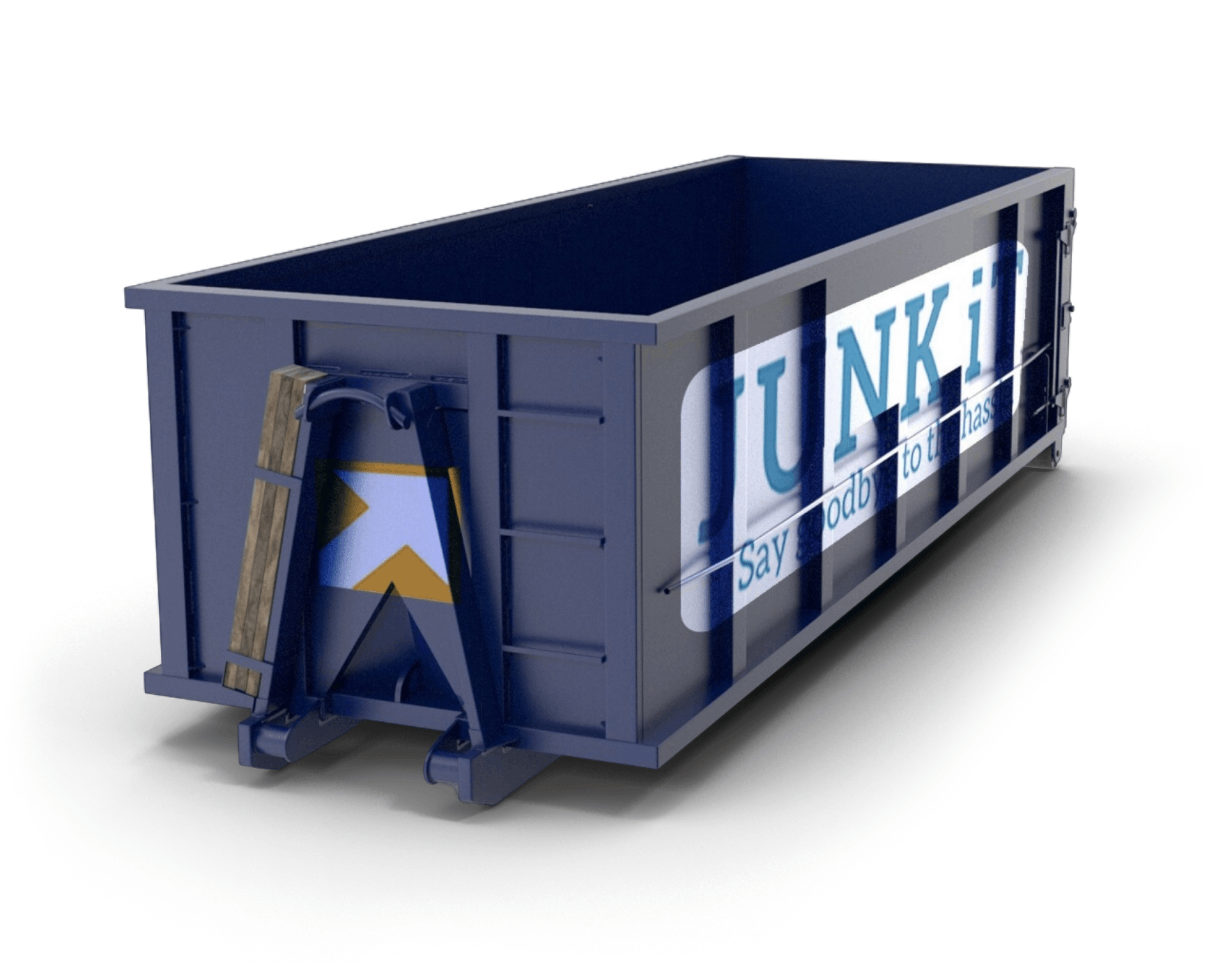 Close-up view of a Junk It blue dumpster bin - ideal for efficient waste management and cleanup projects - showcasing reliable garbage bin rental services in Hamilton