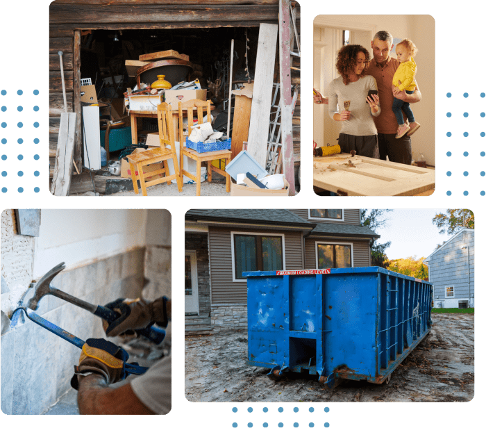 a collage of a man and a woman and a child, household junks, a man renovating bathroom/house and junk it's blue garbage bin that is for rent for people to use - residential disposal bin rental
