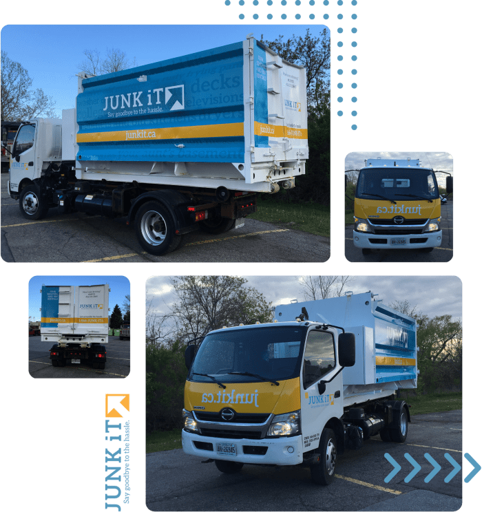 Dumpster rental, bin rental, bin rental services - junkit a collage of Junk It truck van - junk it dumpster and bin rental at your service ready to deliver
