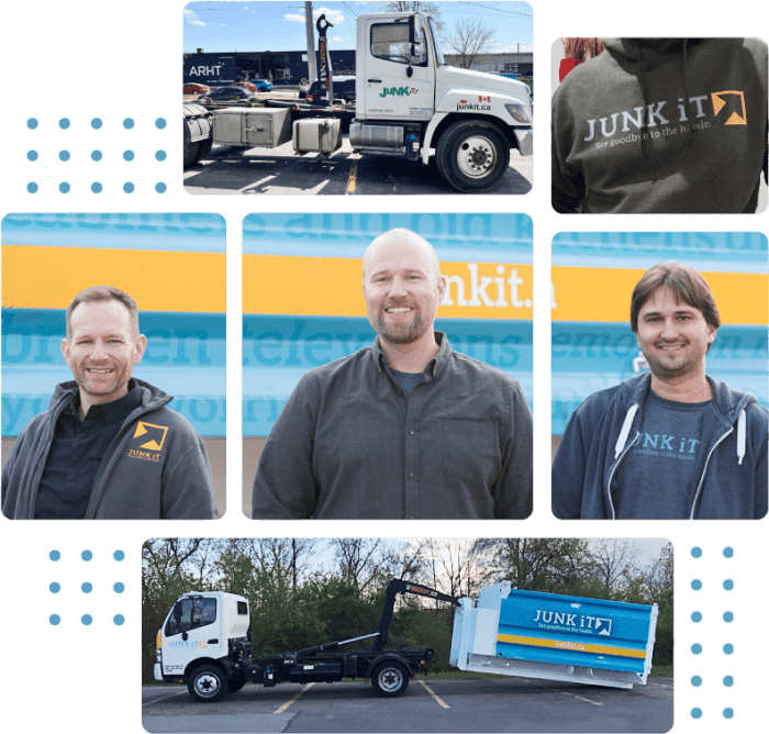 a collage of JUNK iT team, JUNK iT trucks, Junk It rental garbage bin hauled by truck and junk IT logo on a jacket - Discover Our Dumpster Rental Service