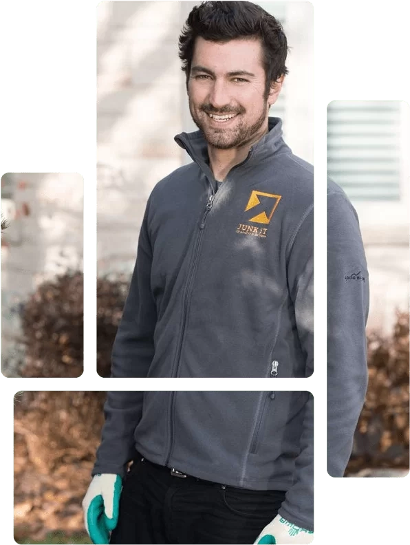 a white man smiling in a grey Junk It jacket - choose junk it for your dumpster rental needs