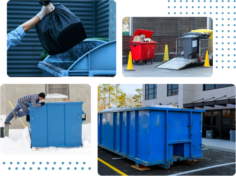 construction site, construction workers and and junk it's garbage truck - junk it garbage bin and dumpster rental services for commercial use